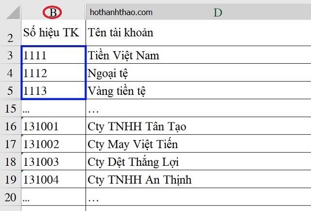 Ứng dụng hàm sumif trong kế toán danh muc tai khoan