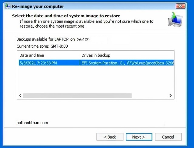 chon ban sao luu de khoi phuc