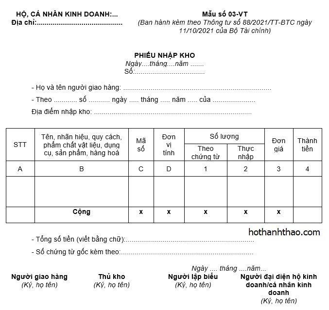Hướng dẫn chế độ kế toán cho hộ kinh doanh, cá nhân kinh doanh - thông tư 88/2021/TT-BTC (phần 2) phieu nhap kho ho ca nhan kinh doanh