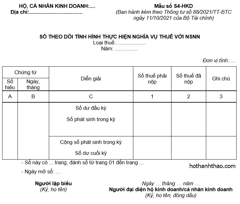 Hướng dẫn chế độ kế toán cho hộ kinh doanh, cá nhân kinh doanh - thông tư 88/2021/TT-BTC (phần 2) so theo doi tinh hinh thuc hien nghia vu thue voi nsnn ho ca nhan kinh doanh