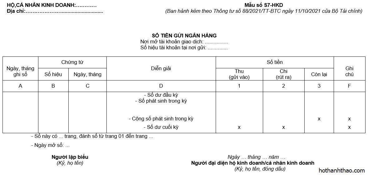 Hướng dẫn chế độ kế toán cho hộ kinh doanh, cá nhân kinh doanh - thông tư 88/2021/TT-BTC (phần 2) so tien gui ngan hang ho ca nhan kinh doanh